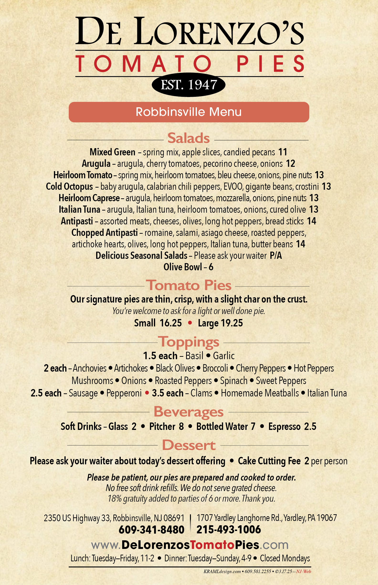 MENUS — De Lorenzo's Tomato Pies Est. 1947